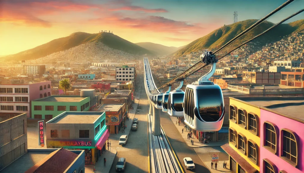 DALL·E 2024-11-20 18.37.59 - A futuristic cable car system (cablebus) crossing over the city of Tijuana, Mexico. The setting includes urban streets with colorful buildings, green